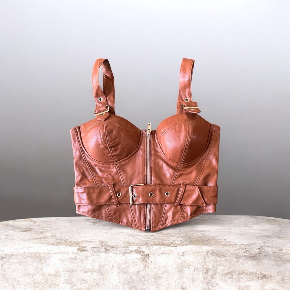 Biashe Structured Cropped Tank Top Brown Faux Leather S New
